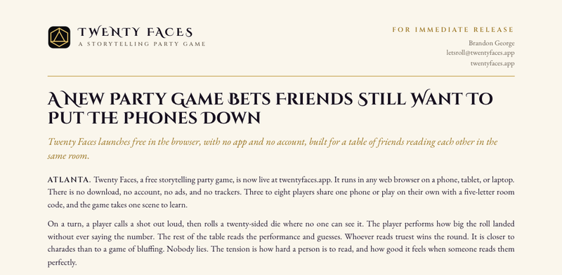 Twenty Faces press release, one page PDF
